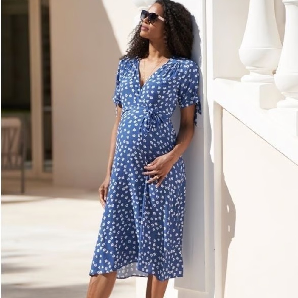 Seraphine Sz 2 Blue Floral Cottagecore Maternity Mid Wrap Dress